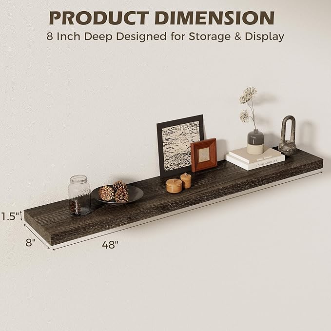 48 Inch Floating Shelves for Wall, 8"D High End Solid Hardwood Shelves for Decor Storage, Rustic Wall Shelves with Invisible 