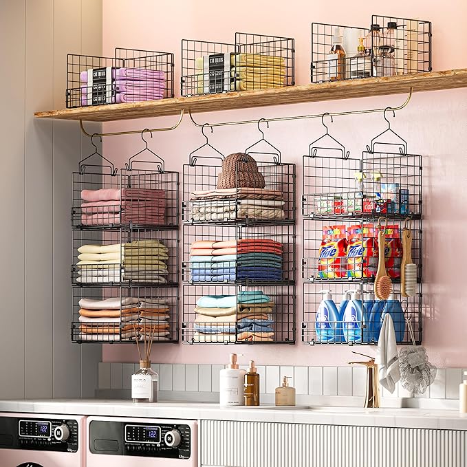 Sonyabecca 3-Tier Hanging Closet Organizer, Foldable Cabinet Wire Storage Basket Bins with 5 S Hooks, Closet Shelves & Hangin