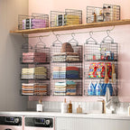 Sonyabecca 3-Tier Hanging Closet Organizer, Foldable Cabinet Wire Storage Basket Bins with 5 S Hooks, Closet Shelves & Hangin