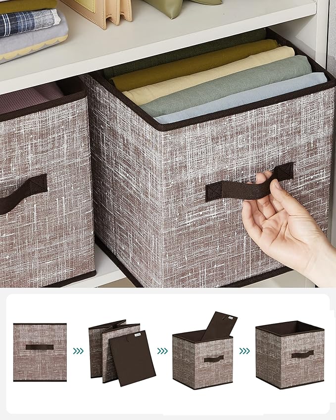 SONGMICS Storage Cubes, 11-Inch Non-Woven Fabric Bins with Double Handles, Set of 6, Closet Organizers for Shelves, Foldable,