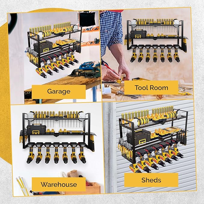 3 Shelf 7 Drill Holder Power Tool Organizer Wall Mount, Tool Storage Rack for Garage, Pegboard, Workshop walls | Compatible f