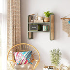 2-Tier Rattan Shelf, Green Rattan Bookshelf Wall Mounted, Handmade Woven Display Shelf, Decorative Boho Shelves for Entryway,