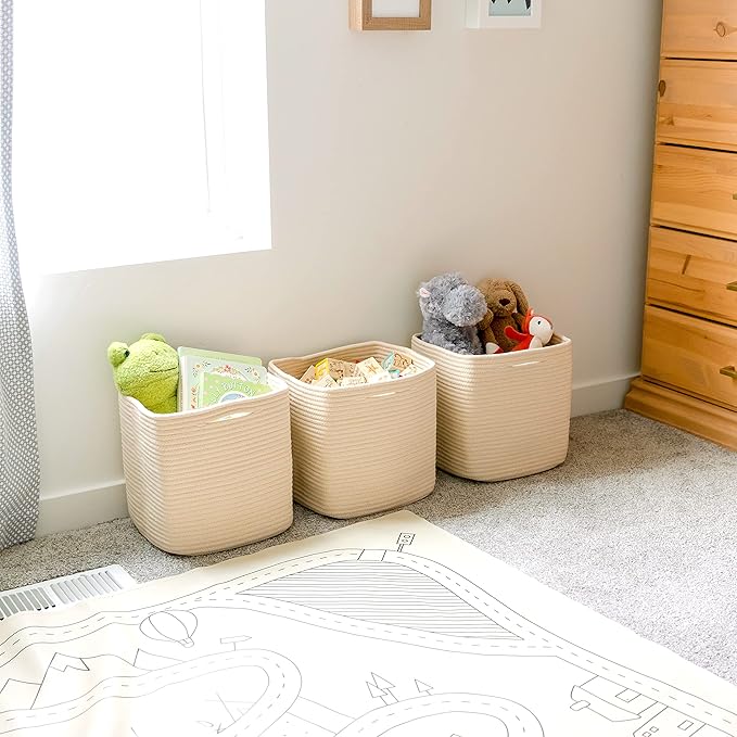 NaturalCozy Storage Cubes 11 Inch Cotton Rope Woven Baskets for Organizing, 3-Pack | Cube Storage Bin | Square Storage Basket