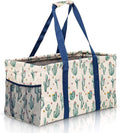 Extra Large Utility Tote Bag, Oversized Collapsible Reusable Wire Frame Rectangular Canvas Basket With Two Exterior Pockets For Beach, Pool, Laundry, Car Trunk, Storage - Cactus White