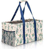 Extra Large Utility Tote Bag, Oversized Collapsible Reusable Wire Frame Rectangular Canvas Basket With Two Exterior Pockets For Beach, Pool, Laundry, Car Trunk, Storage - Cactus White