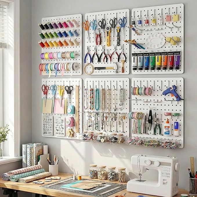 Peg Board, 112pcs Metal PegBoard Organizer with Accessories, 6 Pack 16'' x 12'' White Pegboard Panels with Hooks, Wall Organi