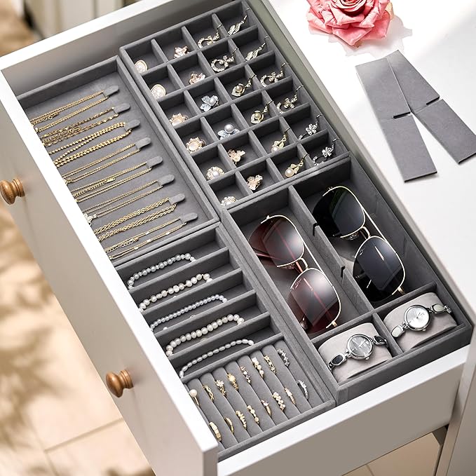 Velvet Jewelry Drawer Organizer Trays – Grey Stackable Jewelry Storage Inserts Set, 4-Layer Jewelry Tray Set for Earrings, Ri