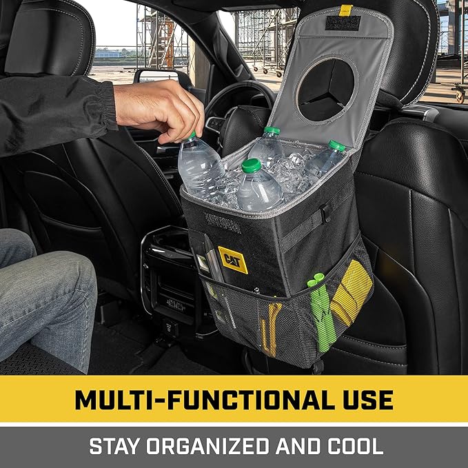 CAT® Car Trash Can & Ice Cooler – 2.4 Gallon Hanging Organizer with Anti-Spill Lid, Leak-Proof Waterproof Liner, Multi-Use Vehicle Bin for Cars, Trucks, SUVs – Heavy-Duty Travel Accessory