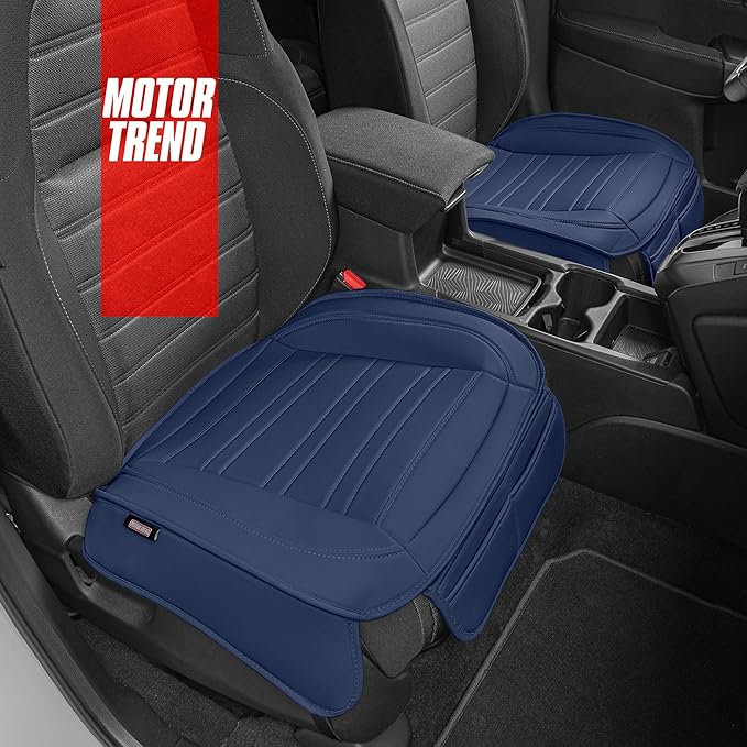 Motor Trend Seat Covers for Cars Trucks SUV, Faux Leather 2-Pack Blue Padded Car Seat Covers with Storage Pockets, Premium In