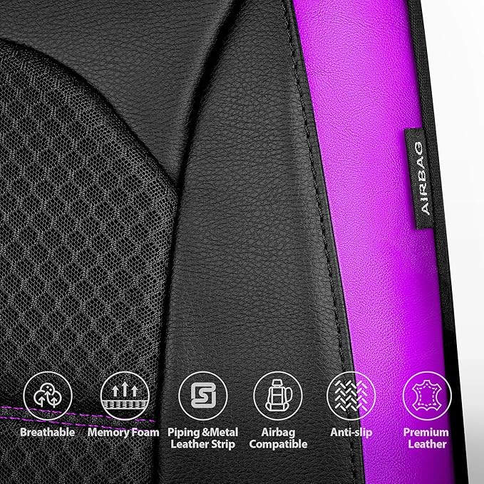 CAR PASS Memory Foam Car Seat Covers,Air Cool Mesh Thick Seat Covers Front Seats,Purple Metal Film Leather Seat Cover for Car