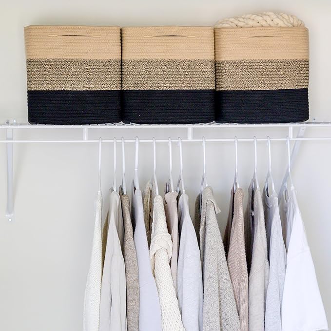 NaturalCozy Storage Cubes 11 Inch Cotton Rope Woven Baskets for Organizing, 3-Pack | Cube Storage Bin | Square Storage Basket