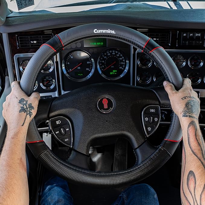 Cummins CMN35390 Sport 18-Inch Steering Wheel Cover Leather Semi Truck Interior Accessories for RV and Big Rig-Black and Red