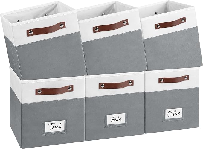 FinishingBo 6-Pack Storage Cubes with Handles & Label Holders Basket, Closet Cube Home Organizer Bins(White/Dark Grey, 10.5*1