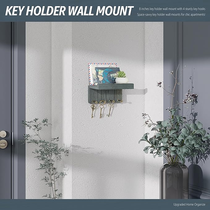 Rebee Vision Pine Wood Key Holder Wall Mount - Mini Key Holder for Wall with 4 Hooks & Floating Shelf for Home Storage - Livi