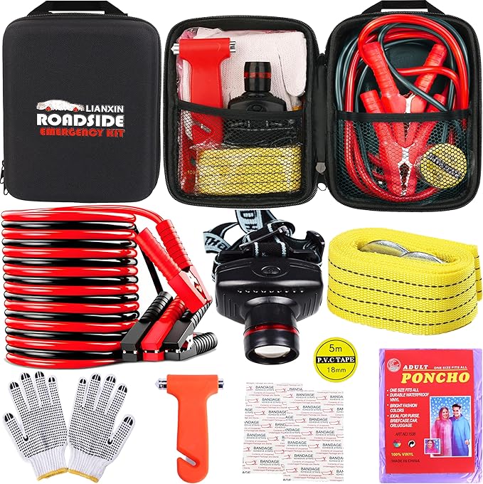 Car Roadside Emergency Kit, with Jumper Cables Automotive Kit,Car Safety Roadside Assistance Kit Headlamp,Tow Straps, Safety 