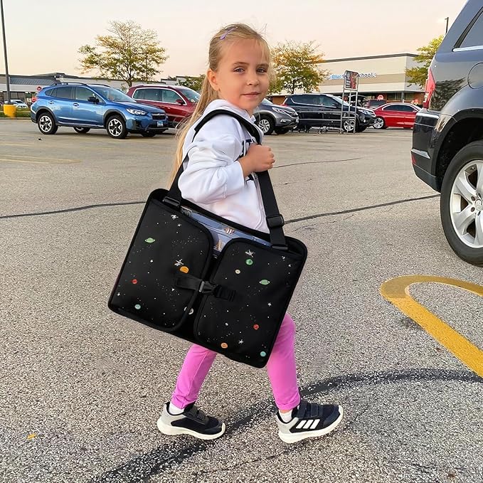 MENZOKE Kids Travel Tray, Road Trip Activities for Kids with Dry Erase Board & Cooler Cup Holder, Toddler Car Activities with No-Drop iPad Holder Stand, Roadtrip Essentials for Toddlers, Black