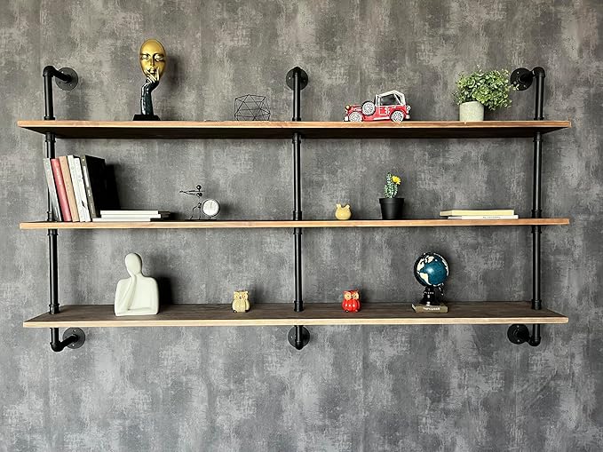 Floating Shelves 70 inch Wall Bookshelf Industrial Pipe Shelving Shelves Real Wood Planks Rustic Wall Shelves Hanging Bookshe