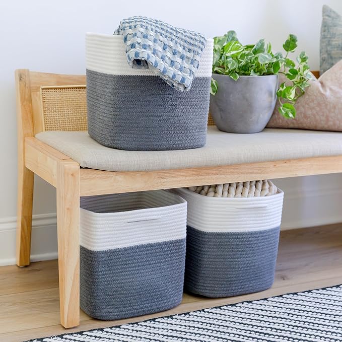 NaturalCozy Storage Cubes 11 Inch Cotton Rope Woven Baskets for Organizing, 3-Pack | Cube Storage Bin | Square Storage Basket