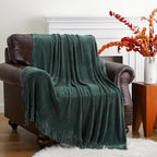 BATTILO HOME Dark Green Throw Blanket for Couch, Soft Chenille Knit Throws with Tassels for Home Decor, Christmas Green Throw