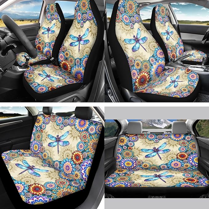 Dragonfly Car Seat Cover Full Set with Steering Wheel Cover Seat Belt Pads Auto Armrest Covers Boho Flower Cup Holders Keychain Lipstick Holder Fit for Most Vehicles