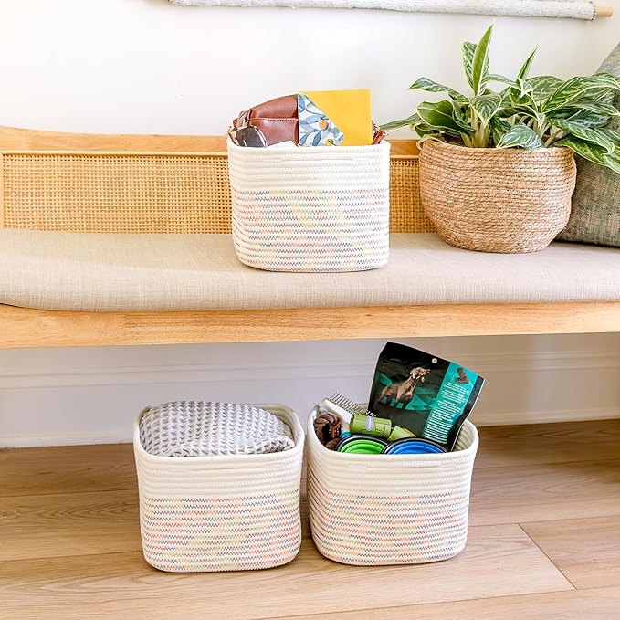 NaturalCozy Storage Cubes 9”x9”x7”Cotton Rope Woven Baskets for Organizing 3-Pack | 9 Inch Cube Storage Bin | Small Basket fo
