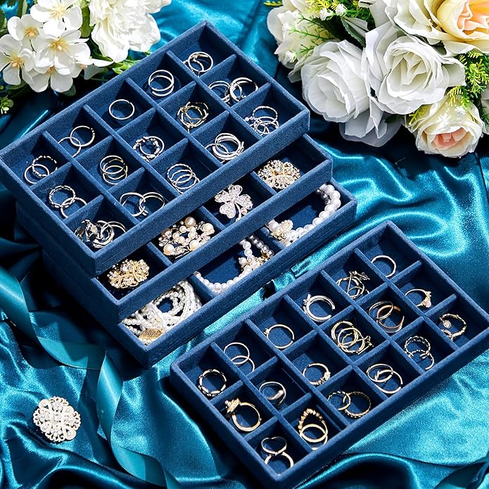Junkin 12 Pcs Jewelry Tray Velvet Stackable Jewelry Organizer Trays Divided Earring Accessories Storage Containers Box (Rose 