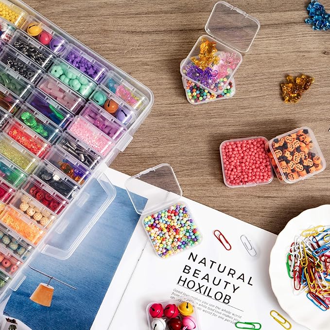 Bead Organizer Box, 60 Pack Small Clear Storage Boxes with Labels, Large Travel Craft Case with Handle, Mini Plastic Containe