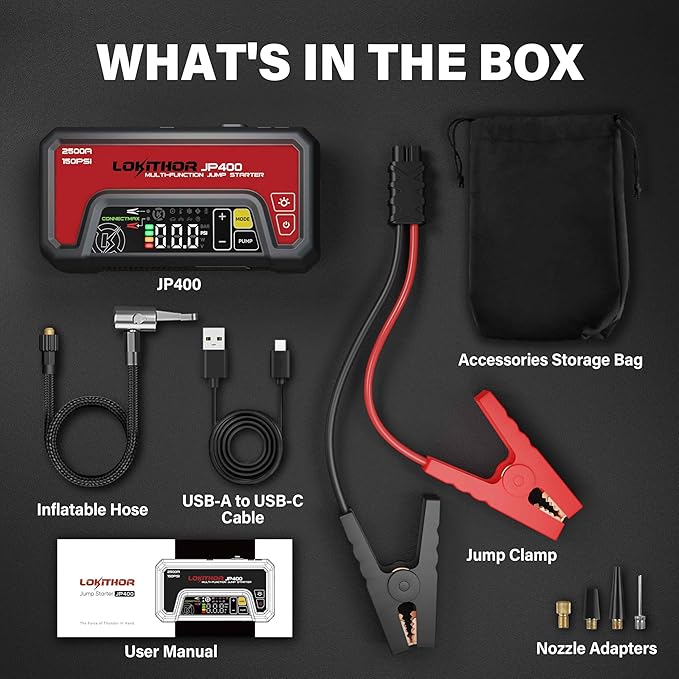 LOKITHOR JP400 Jump Starter with Air Compressor, 2500A 12V Portable Car Battery Booster Pack (8.5L Gas/6.5L Diesel) with