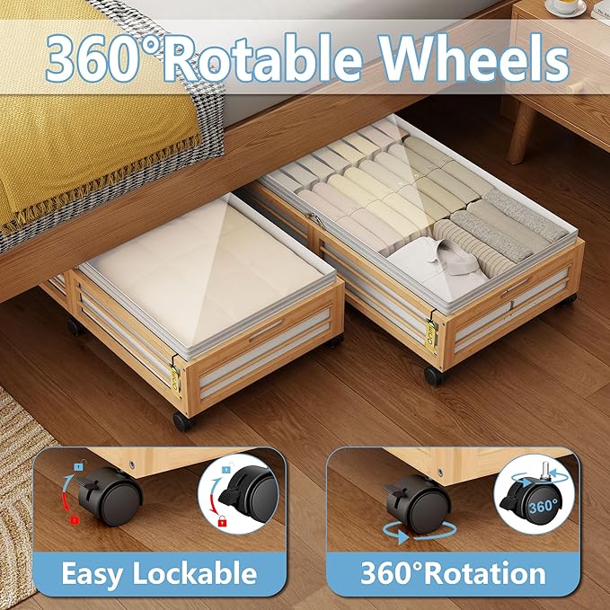 Under Bed Storage Containers with Wheels, Larger Bamboo Wood Under Furniture Storage Containers with Dust Bags，Rolling for Sh
