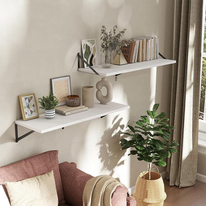 Deep Floating Shelves Wall Mounted, 36"x12" White Wall Shelves with Brackets Set of 2 for Bedroom, Living Room, Bathroom, Kit