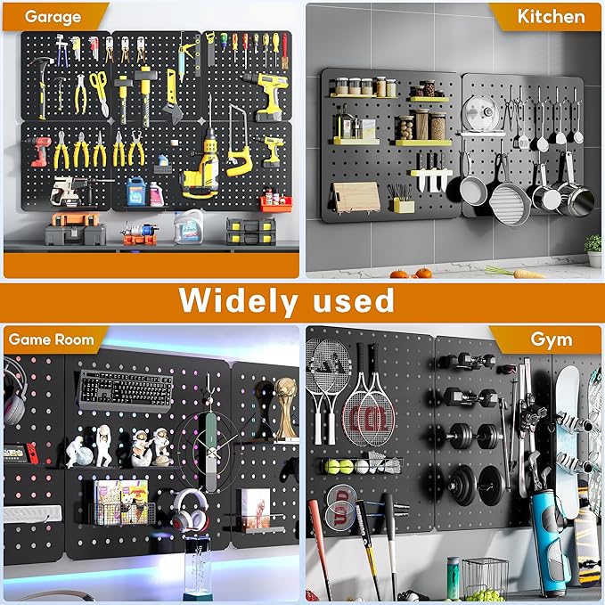 Peg Board, 70PCS Heavy Duty Metal Pegboard with Hooks, 6 Pack Black Peg Board Panels, 50lbs Load Capacity Each, Pegboard Wall