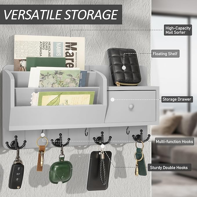 Rebee Vision Key Holder Wall Mount with Mail Sorter and Drawer Organizer - Modern Mail Organizer Wall Mounted with Wall Hooks
