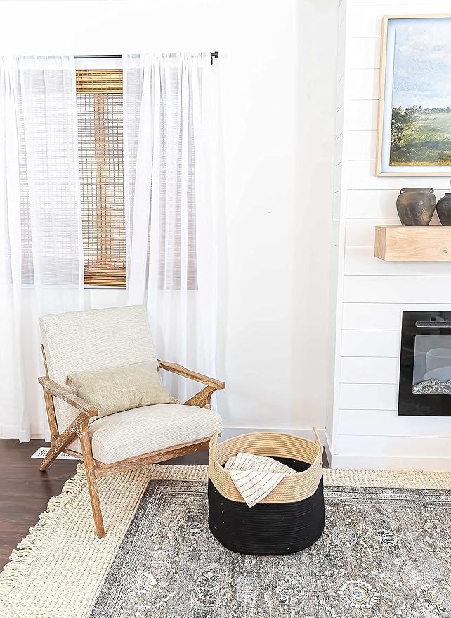 OrganiHaus Large Woven Storage Basket for Blankets and Toys 20" x 13" Inch, Rope Laundry Basket with Handles, Cushions & Pill
