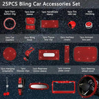 25PCS Bling Car Car Accessories Set,15 Inch Steering Wheel Cover,Shiny License Plate Frame,Center Console Cover and Rearview Mirror Set and Other Car Accessories(Red)