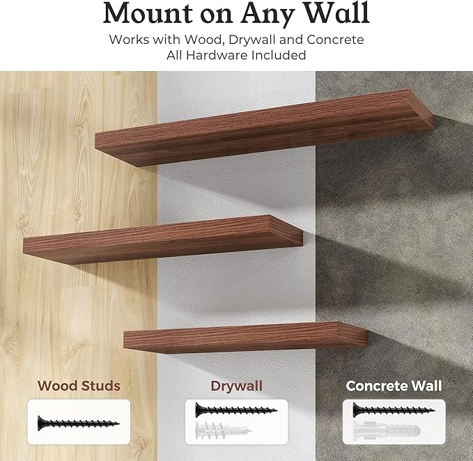 Floating Shelves for Wall, 7.9" Deep Wall Mounted Wood Shelves for Bathroom, Bedroom, Living Room, Kitchen, Hanging Shelf for