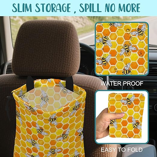 Car Trash Bag Watercolor Honeycomb and Bees Leak-Proof Waterproof Car Garbage Bag with Drawstring Foldable Canvas Trash Bin with Adjustable Buckle for Car Accessories, Travelling, Camping