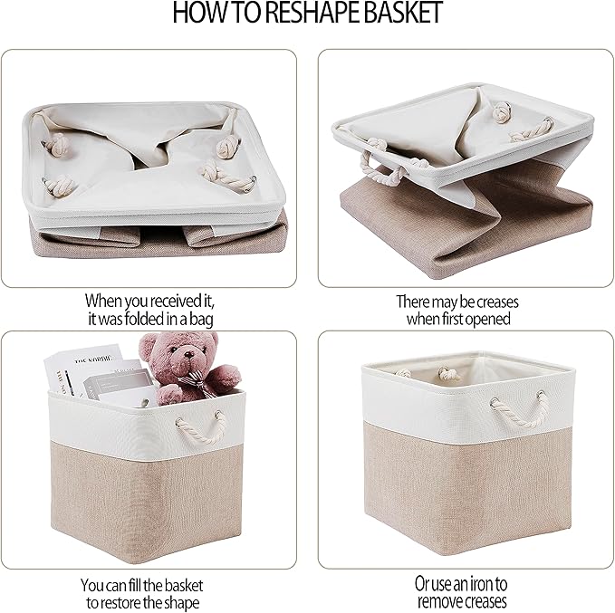 MidmmVick 13 x 13 Inch Cube Storage Bins, 4 Pack Large Collapsible Fabric Storage Bin with Ropes, Foldable Storage Cubes for 