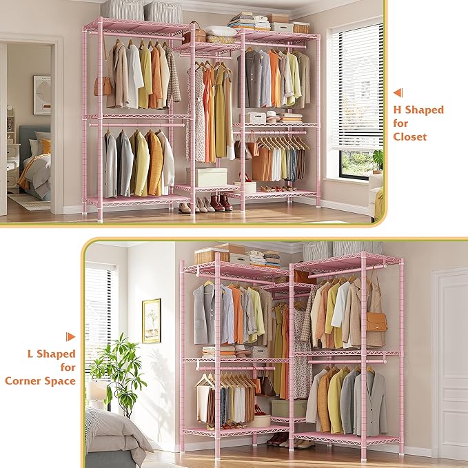 Raybee Clothes Rack, Clothing Racks for Hanging Clothes, L Shaped Clothing Rack for Corner 900LBS Heavy Duty Clothes Rack Gar