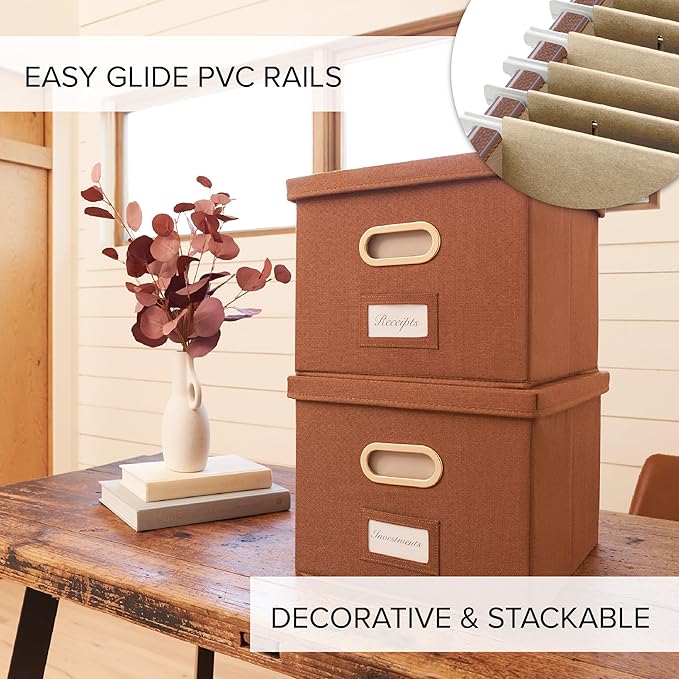 ZICOTO Decorative File Organizer Box Set of 2 - Collapsible Linen Filing Cabinets w/Handles Are Perfect to Store all Your Doc