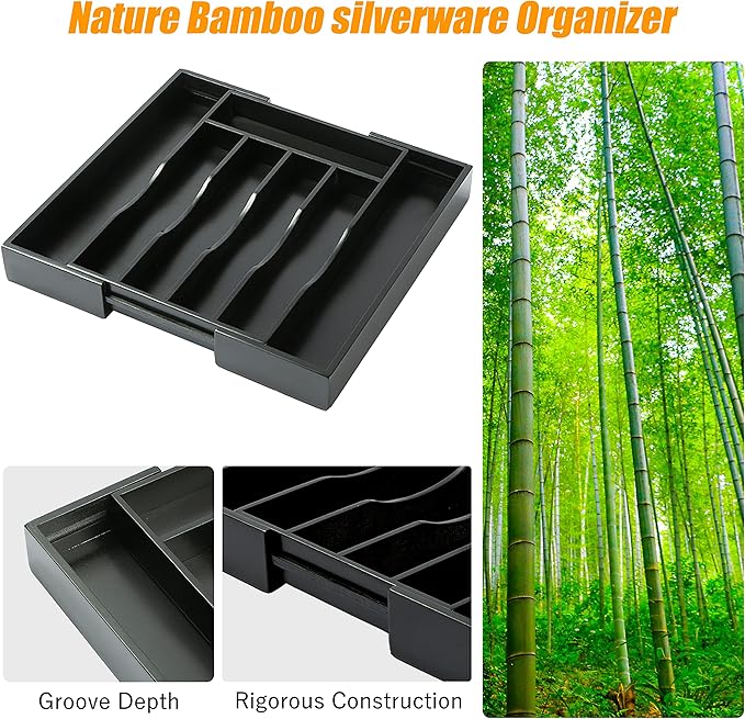 Bellsal Black Silverware Organizer Kitchen Drawer Organizer Expandable Bamboo Utensil Holder Cutlery Tray for Kitchen Utensil