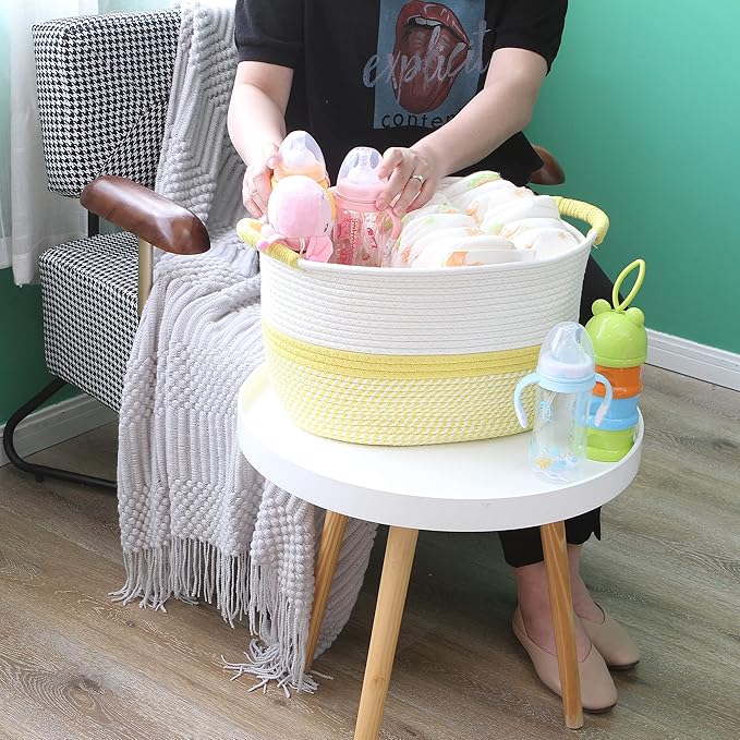 Hinwo Oval Cotton Rope Storage Basket Collapsible Nursery Storage Box Container Organizer with Handles, 13 x 10 inches, Off W