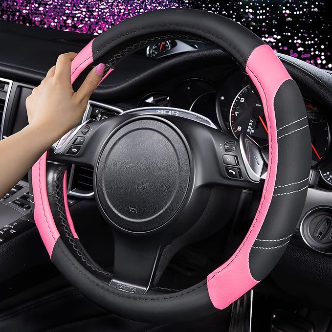 CAR PASS Line Rider Microfiber Leather Sporty 14.5-15 inch Steering Wheel Cover Universal Fits for 95% Truck,SUV,Cars, Anti-S