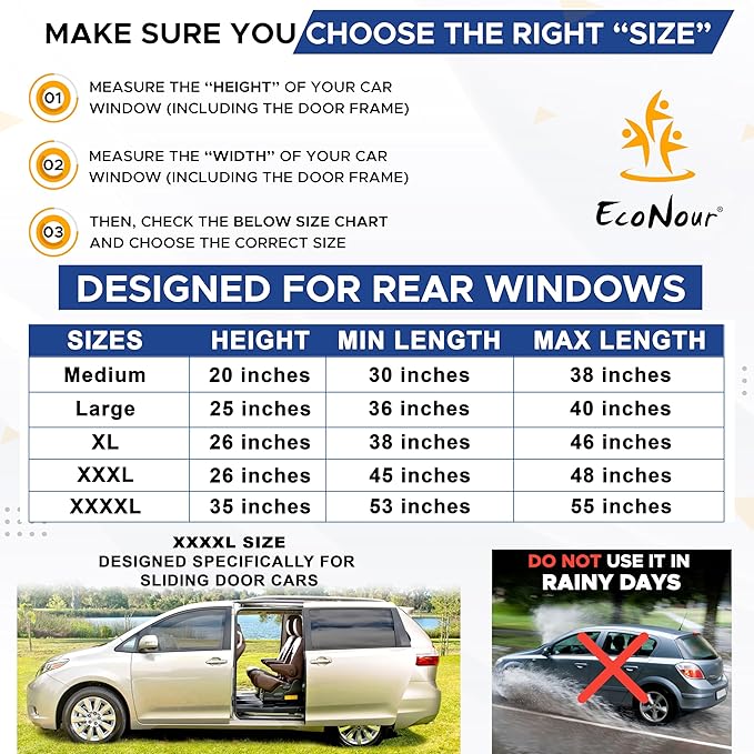 EcoNour Car Side Window Sun Shade (Pack of 2) | Stretchable & Breathable Car Window Screens for Complete Sun & Privacy Protection | Fits Most Truck, SUV and Minivan (XL 46" x 26")