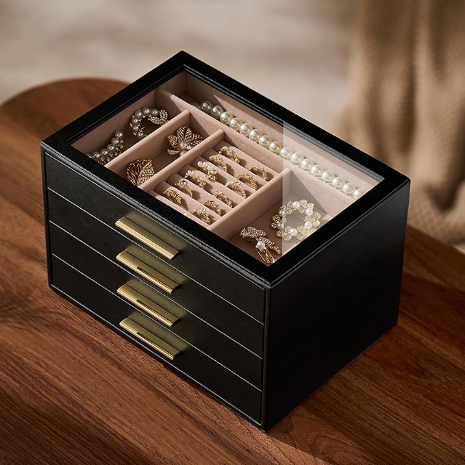 pickpiff Jewelry Box Organizer Case for Women: 4-Layer Jewelry Storage Case with Glass Window, Black Leather with Blush Velve