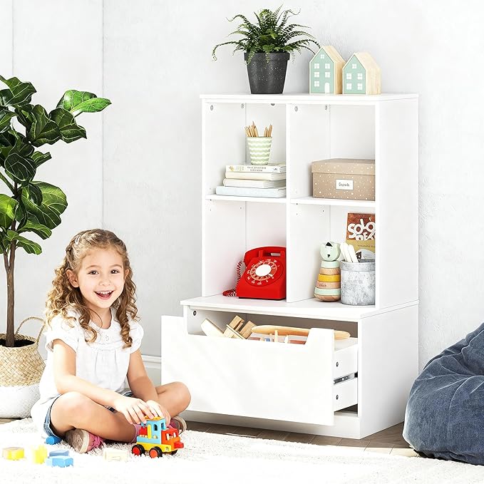 UTEX Kids Bookshelf and Toy Storage Organizer, Toddlers Bookcase with Cubbies, Adjustable Wood Shelf with Drawer for Bedroom,