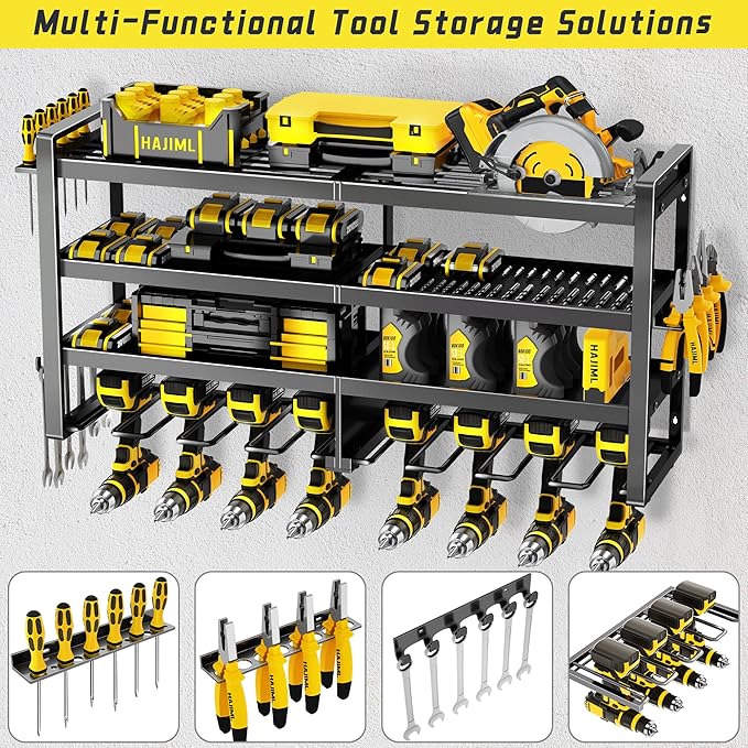 Power Tool Organizer Wall Mount,4 Layers Heavy Duty Storage Rack with 8 Drill Holder, Easy Installation, Tool Organizer Wall 
