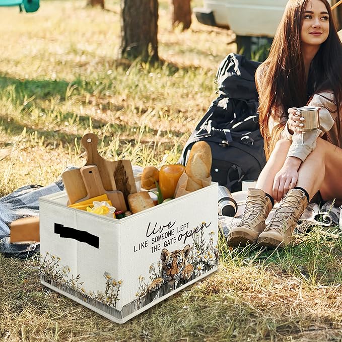 Rustic Tiger Storage Bins & Boxes with Handles, Farmhouse Tiger Foldable Basket for Organizing, Live Like Someone Left the Ga