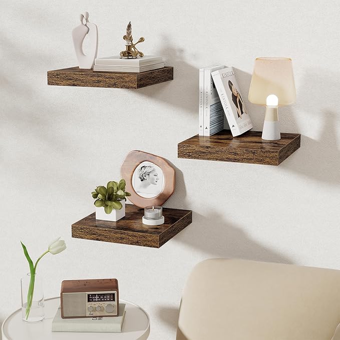 Fun Memories 12 Inch Square Floating Shelves 3 Pack - Wall Shelves with Invisible Brackets, Small Floating Shelves for Wall, 