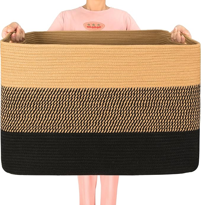 MINTWOOD Design 112L Extra Large Blanket Basket Holder Living Room, 25"x17"x16" Rectangle Rope Woven Storage Basket with Hand