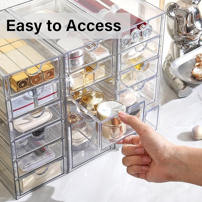 Prsildan Acrylic Drawer Organizer with 15 Drawers, Makeup Craft Office Desk Organizers Accessories, Set of 3 Clear Stackable 